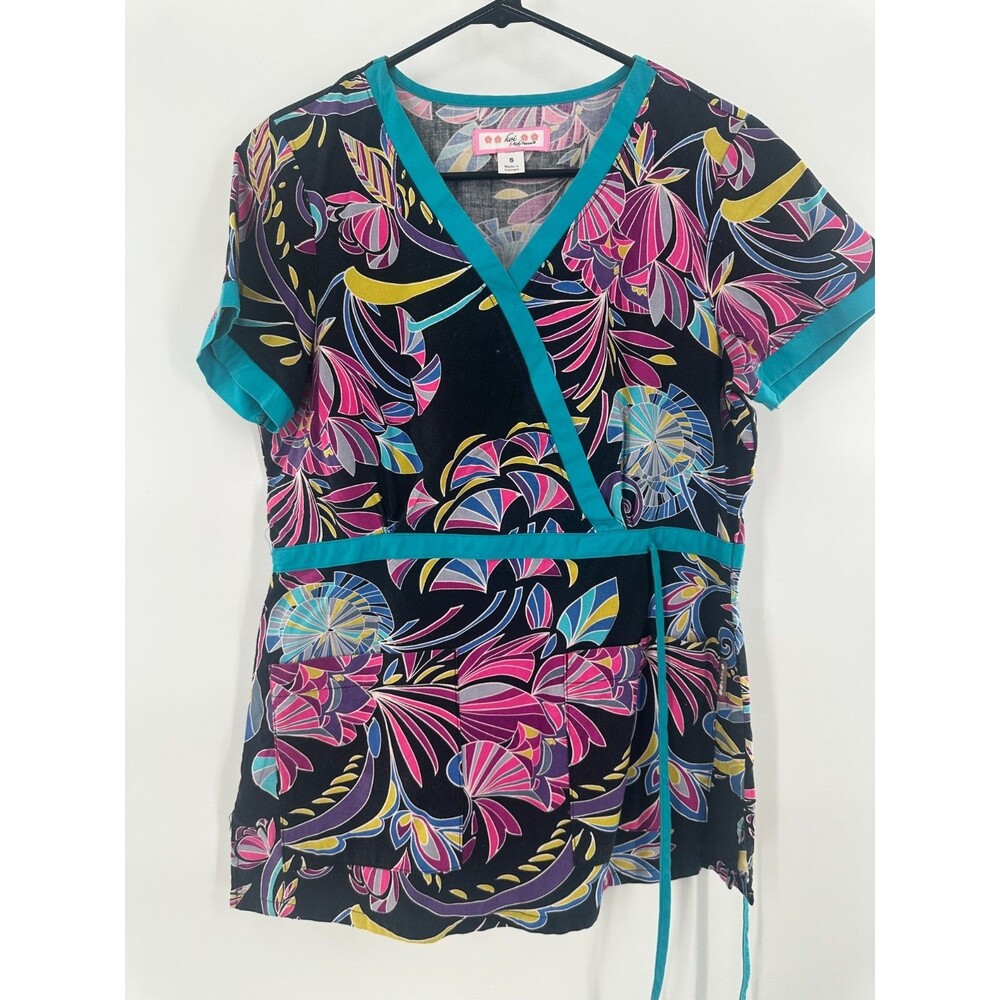 Koi Happiness Kathy Peterson Katelyn Mock Wrap Scrub Top Floral Art Deco Size S